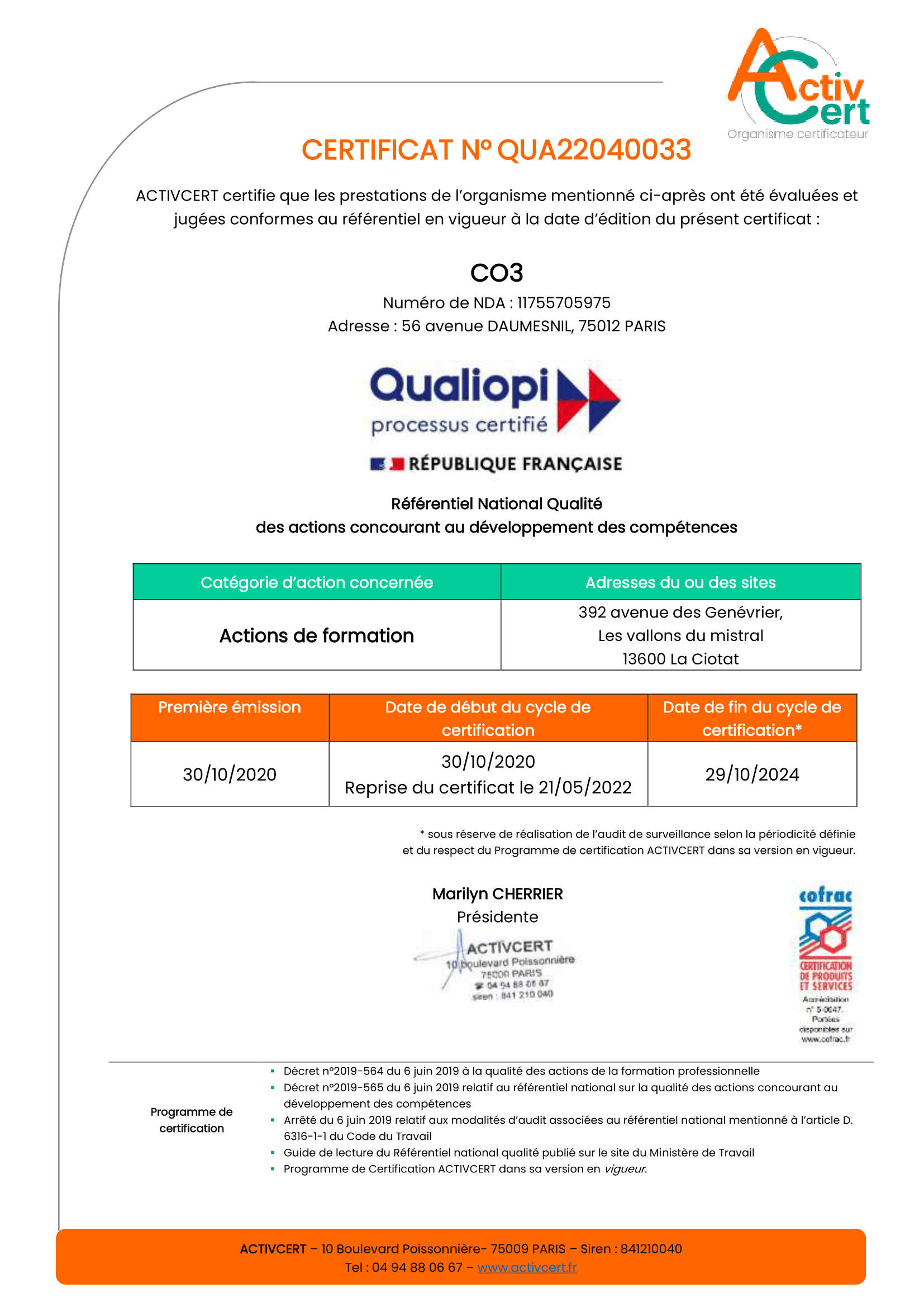 Certification Qualiopi - Cofrac - CO3 SAS